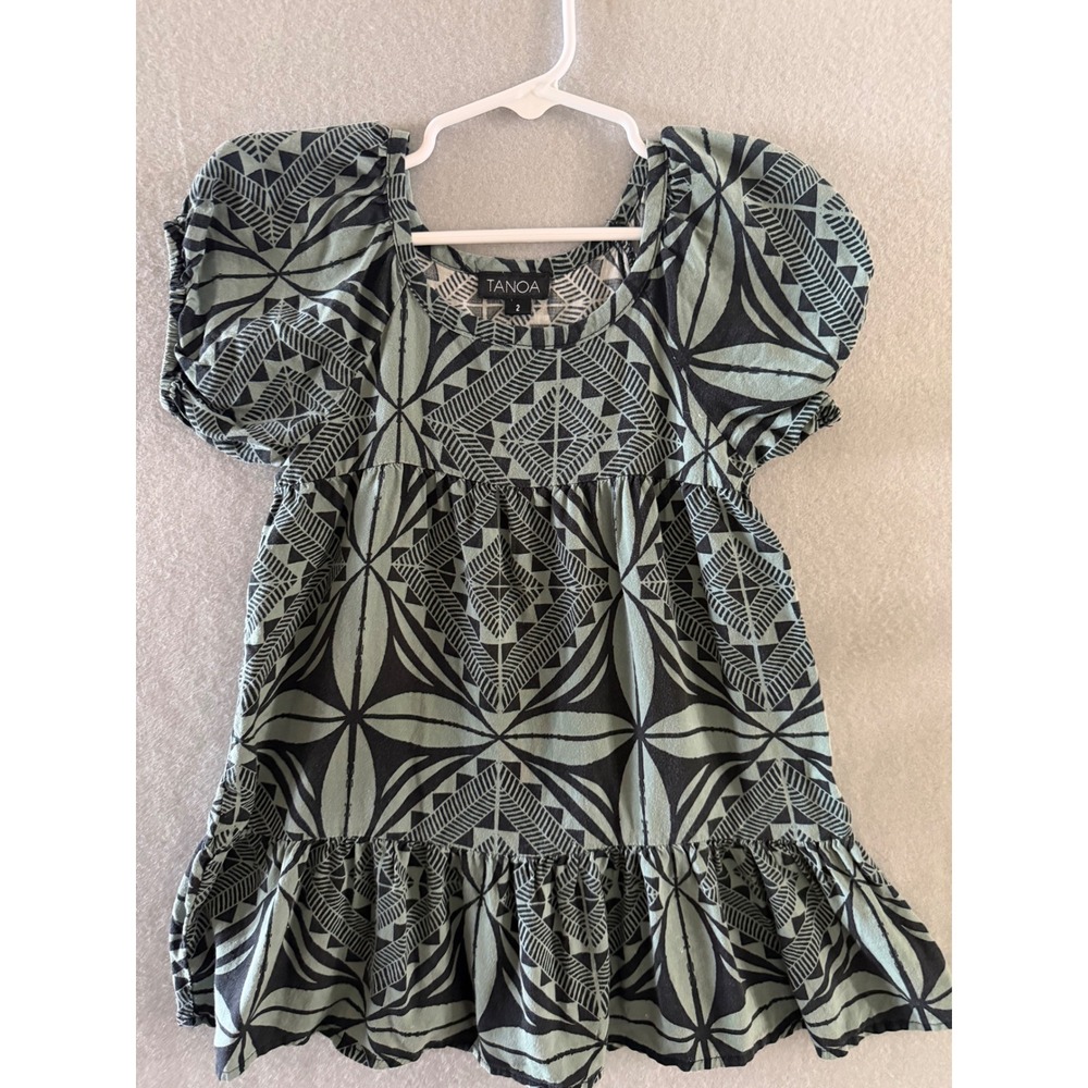 Tanoa Kids Size 2 Babydoll Dress Sage Green Excellent Polynesian Puff‎ Sleeve